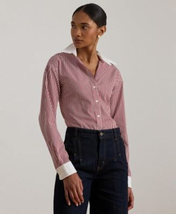 Lauren Ralph Lauren Tops - Lauren Ralph Lauren Women's XL Striped Broadcloth Button Down Shirt Red White